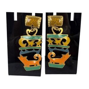 Vintage Edgar Berebi Cat Moon Star Enamel Gold Tone Drop Earrings